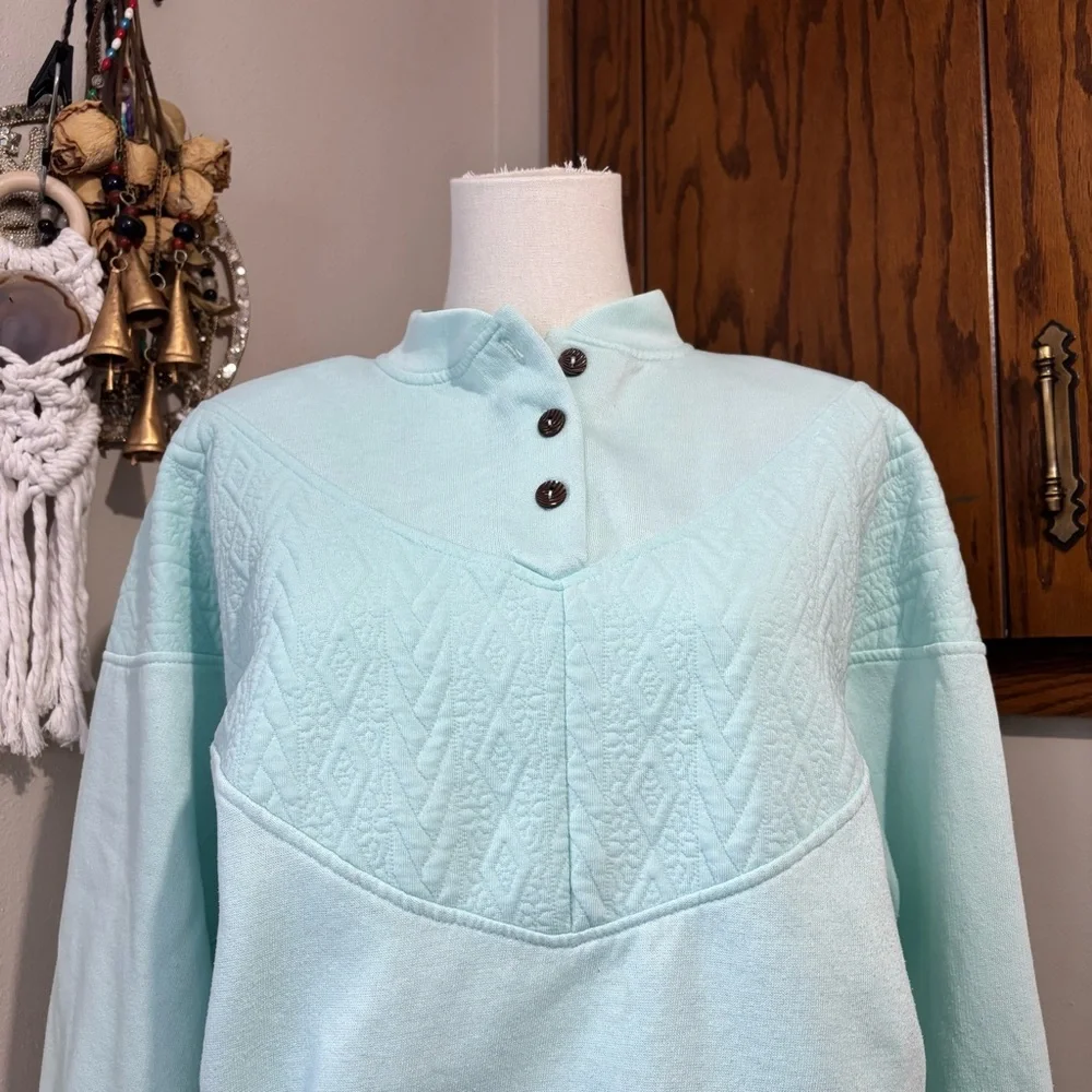 Vintage Quilted Henley Sweatshirt Mock Neck Fleece Pullover Size Small